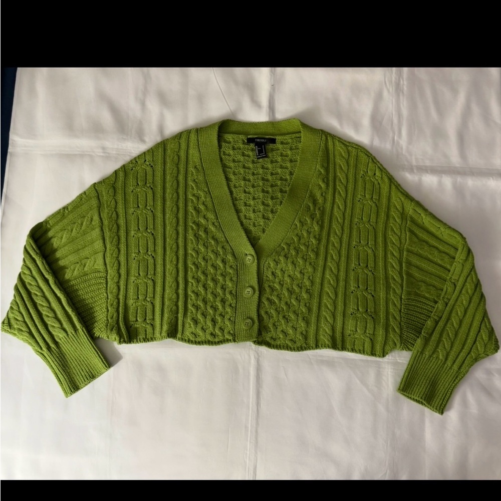 Forever 21 Green Cropped Cable Knit Cardigan Sweater
